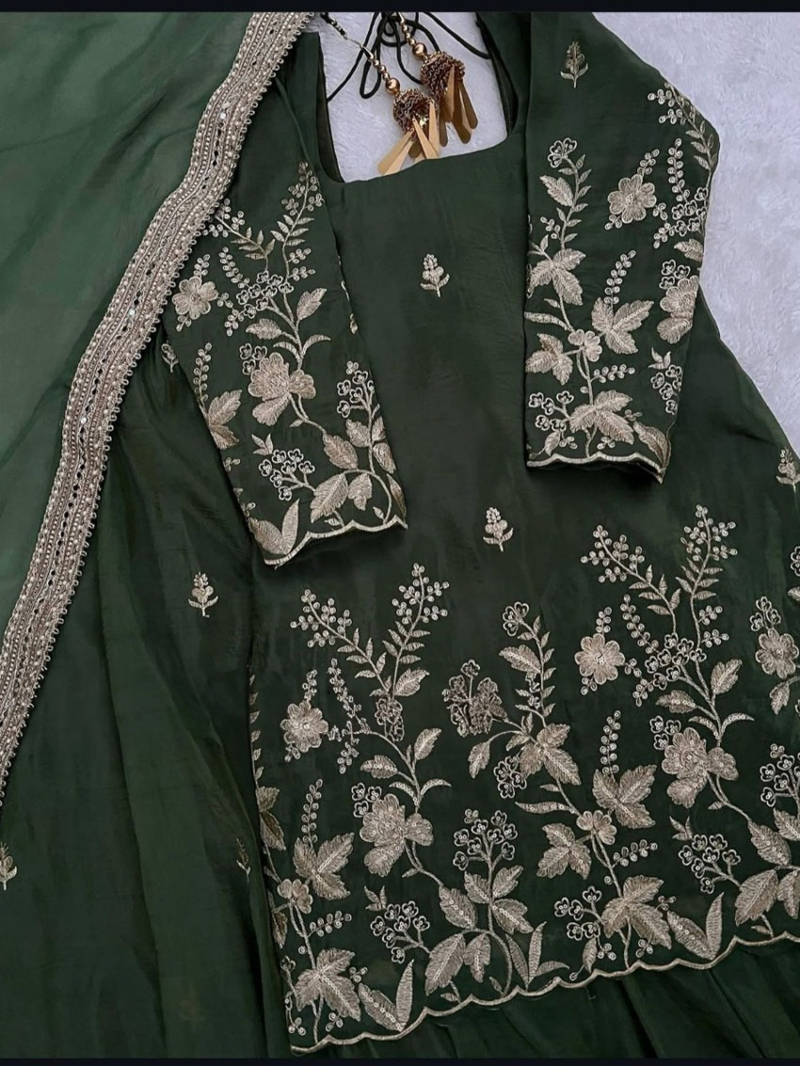 Authentic Elegant Traditional Mehndi Green Chinnon Silk Sharara Suit