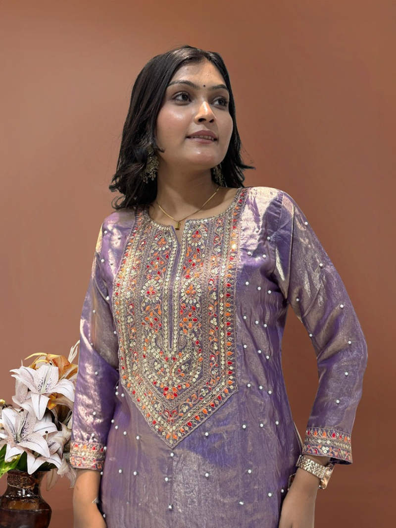 Ethnic Traditional Festive Lilac Fendi Silk Straight Suit