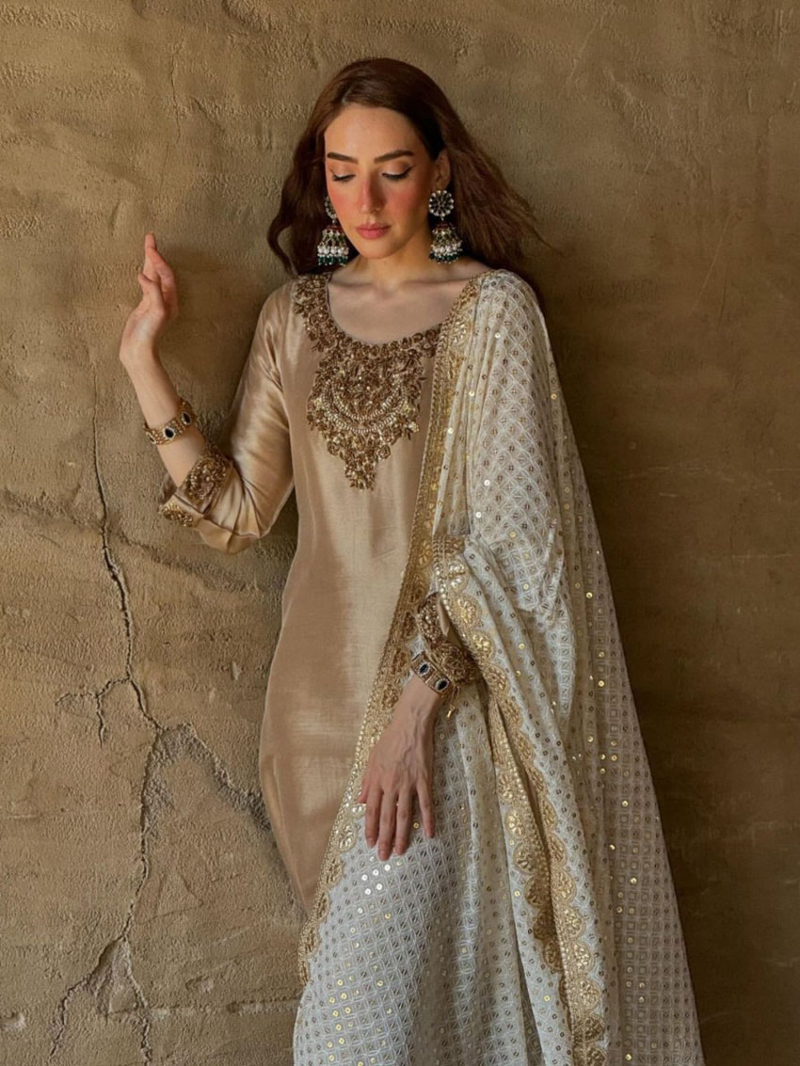Authentic Elegant Traditional Golden Beige Silk Straight Suit