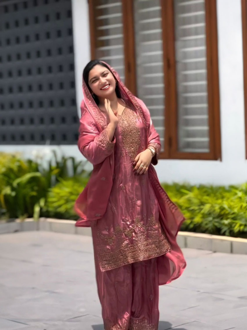 Elegant Traditional Festive Rose Gold Chinnon Silk Plazo Suit