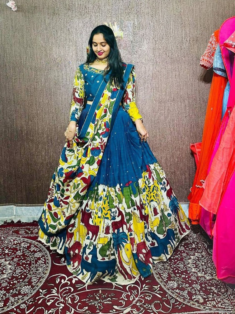 Ethnic Festive Royal Blue with Multicolor Crepe Lehanga Suit