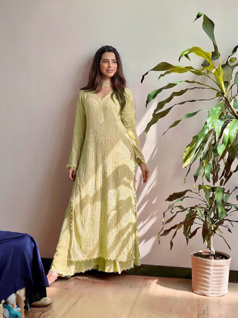 Ethnic Traditional  Festive Mint Green Chikankari Long Salwar Kurti Plazo Suit