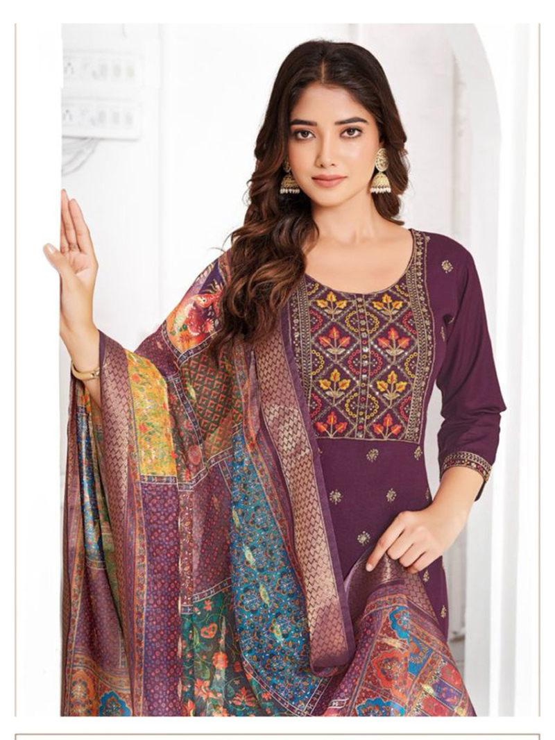 Elegant Casual Wine Embroidered Wine Rayon Straight Suit