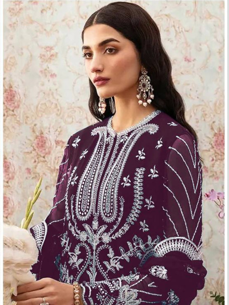 Elegant Traditional Wine Faux Georgette Pakistani Plazo Suit