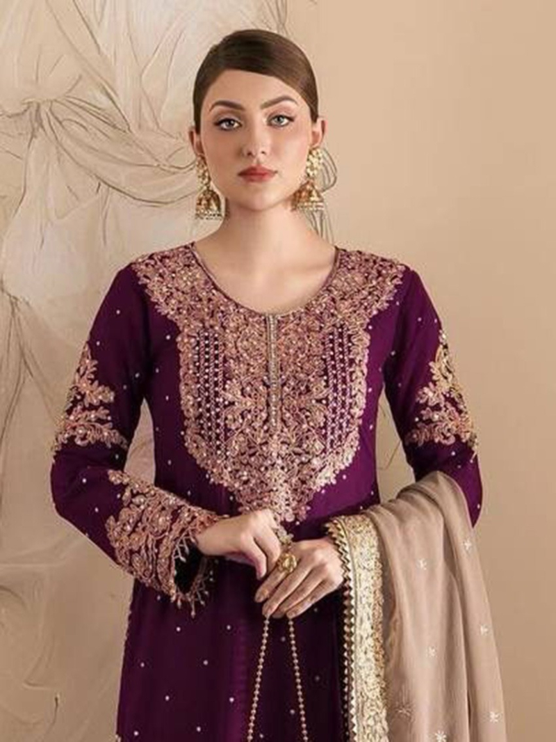 Ethnic Elegant Festive Wine Faux Georgette Embroidered Sharara Suit