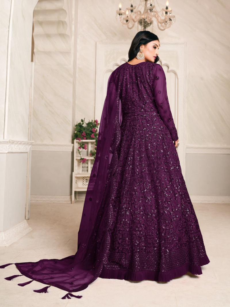 Elegant Traditional Wine Net Thread Floor Length Anarkali Suit