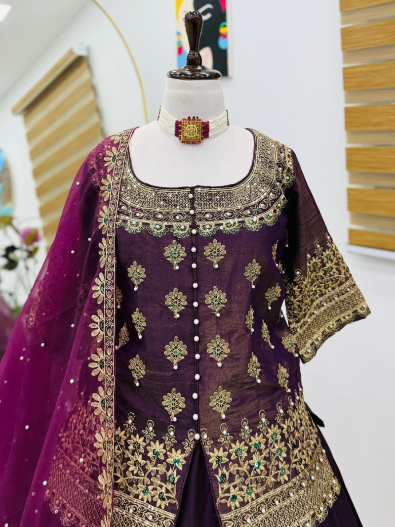 Elegant Festive Dark Purple Shimmer Silk Lehanga Suit