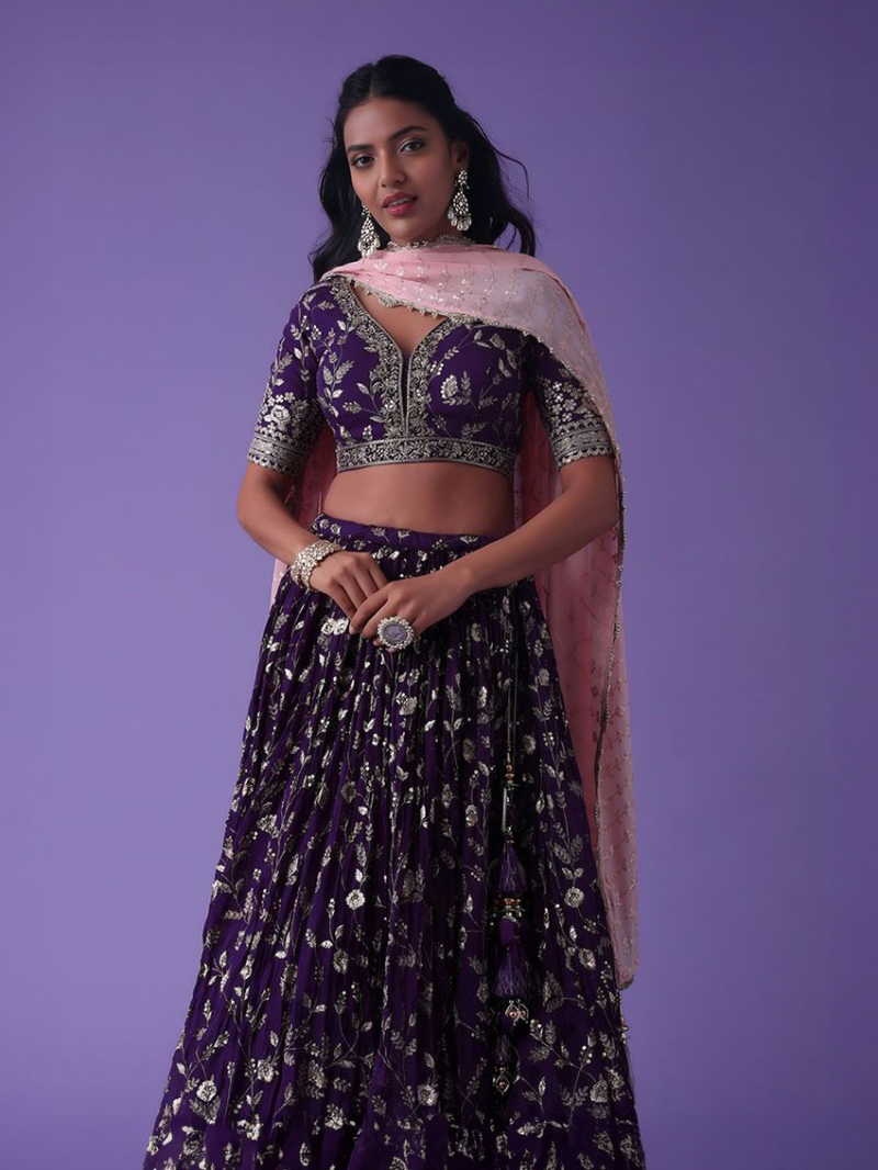 Designer Elegant Ethnic Deep Purple Georgette Lehanga Suit