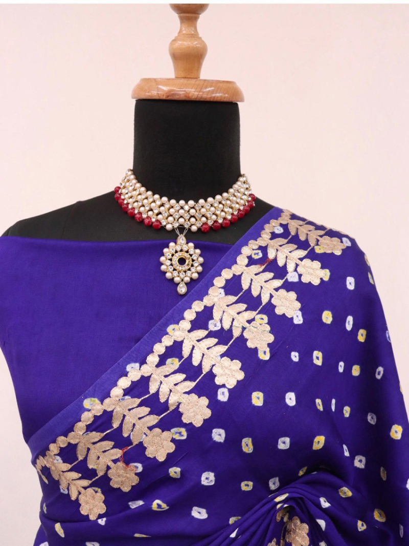 Elegant Ethnic Royal Blue Gaji Silk Bandhani Saree 