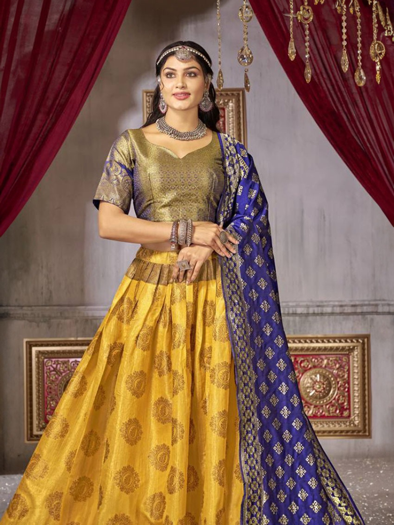 Traditional Ethnic Festive Yellow Jacquard Silk Lehanga Suit